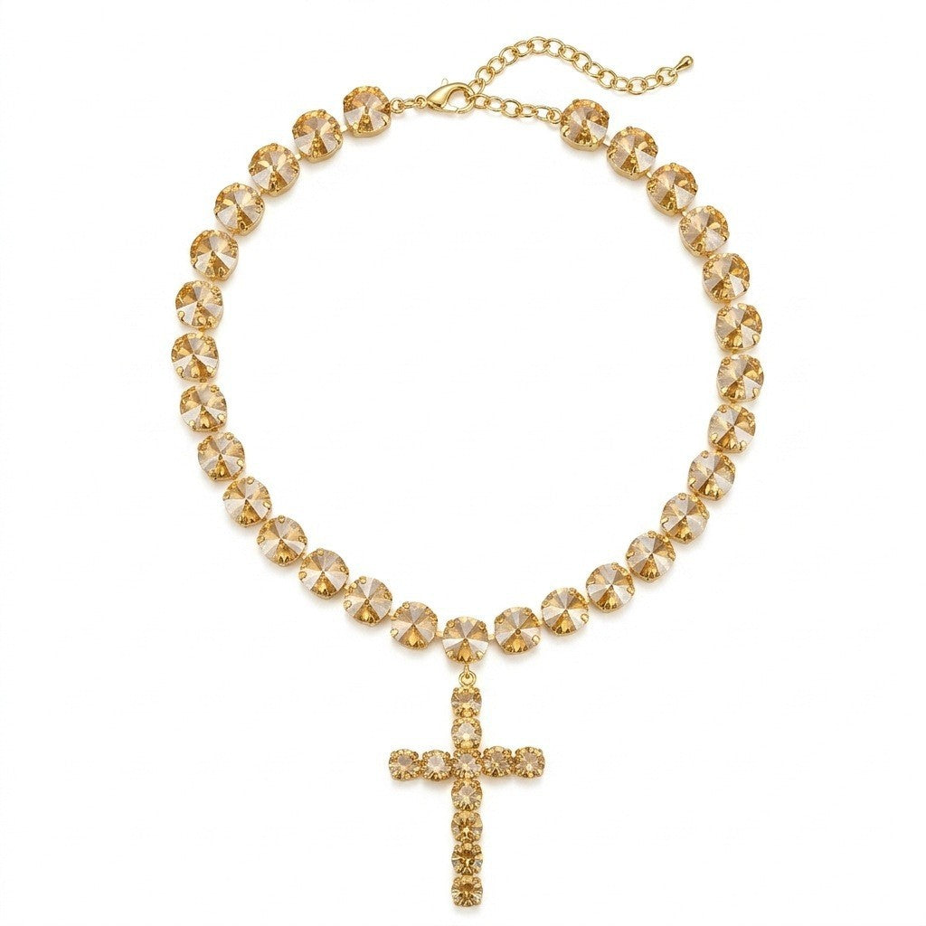 European and American Gemstone-Inlaid Multicolor Layered Mode Tassel Cross Collier Wit