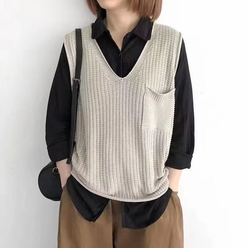 Veste de tricot artistique à col V simple