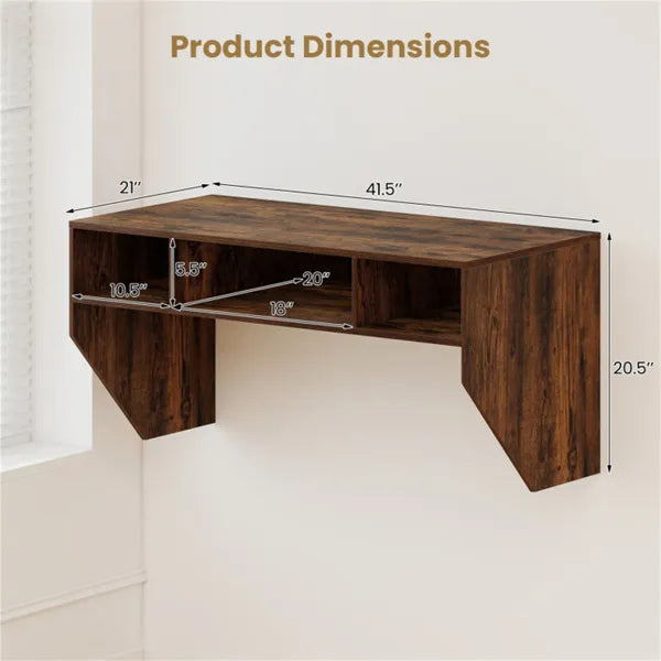 Rustic Brown bureau d'ordinateur flottant mural avec stockage 3-Cube