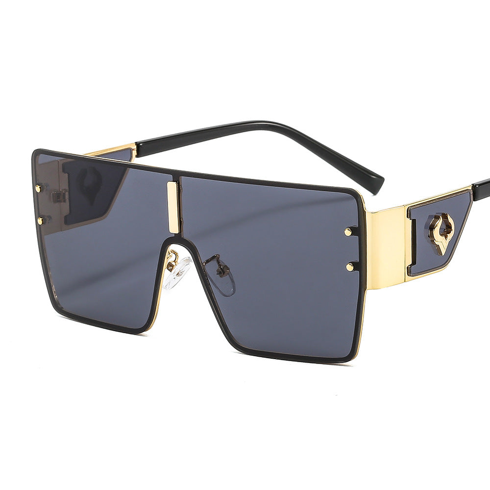 Lunettes de soleil européennes et américaines surdimensionnées en métal d'une pièce avec embellissement à tête d'oxygèneVinta