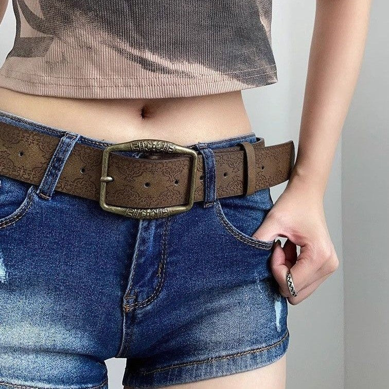 Ceinture en cuir embossée vintage de style américain avec boucle en bronze