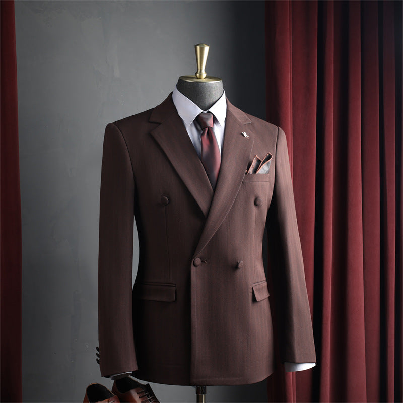 Hommes noir brun Peak Lapel double seins 3 pièces ensemble