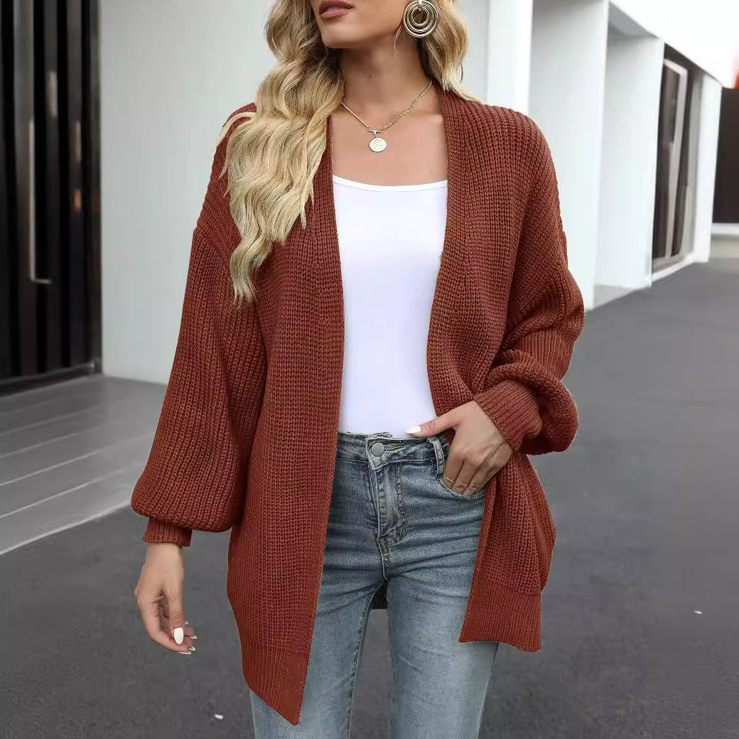 Lanterne à manches féminines Chunky-knit Cardigan Sweater Coat
