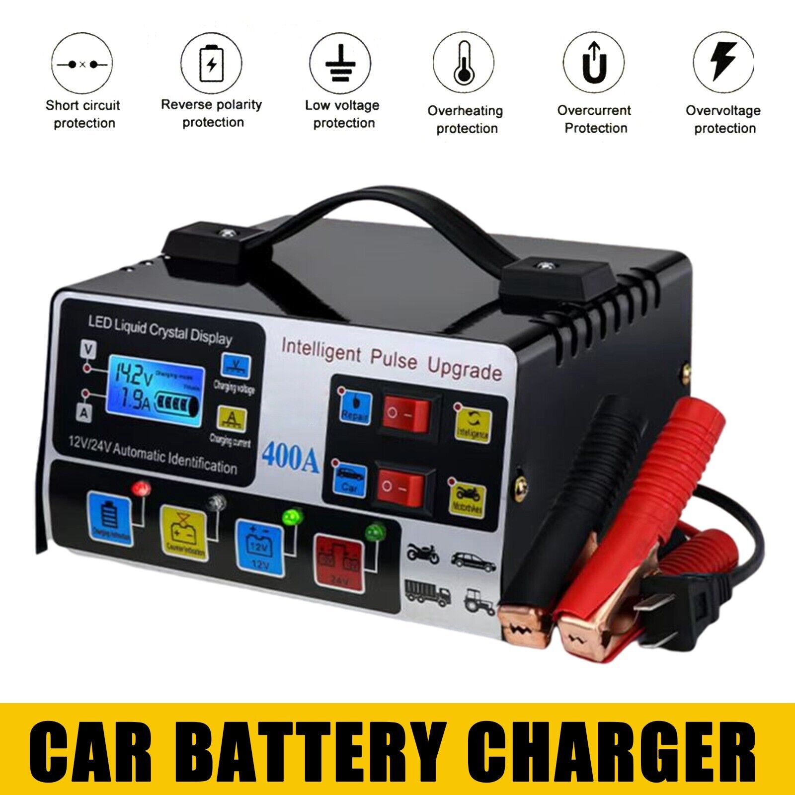 400W Chargeur de batterie de voiture intelligente de poids lourds Automatic Pulse Repair Trickle UK