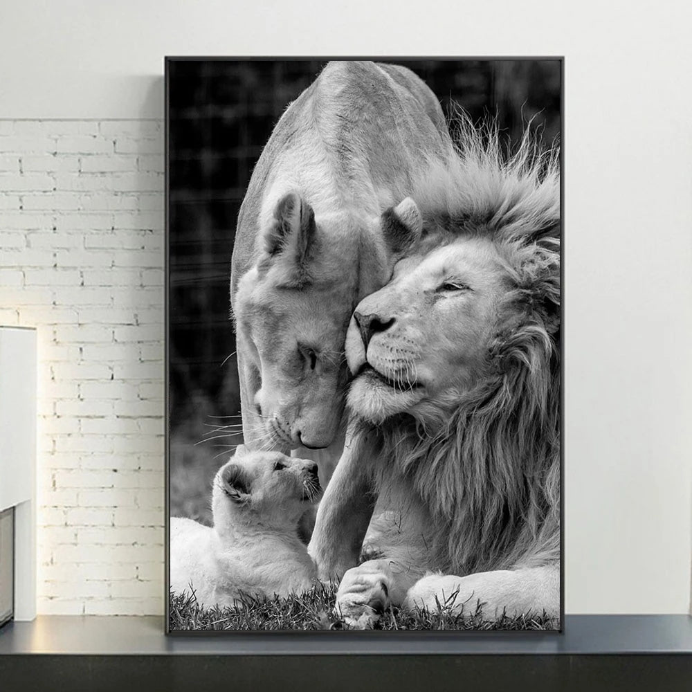 Affiche de la famille Lion noir et blanc