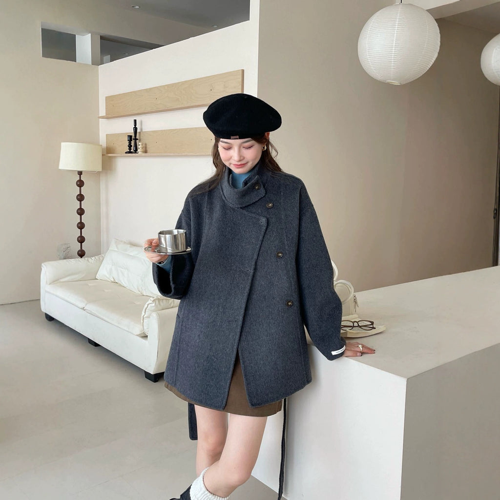 Dentelle Dentelle mi-longueur Double face Laine Coat Femme Laine Vêtements de dessus