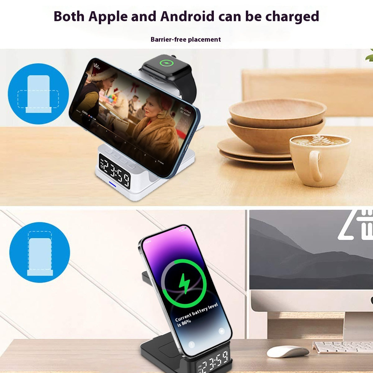 Chargeur magnétique sans fil 3-en-un 15W avec horloge