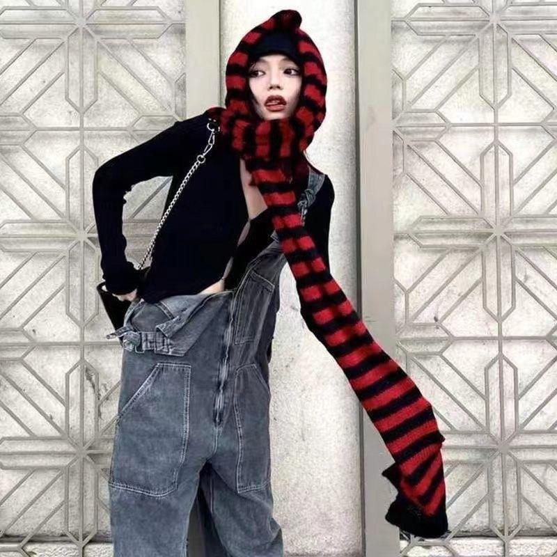 Yabi Style Culture Punk Y2g noir et rouge écharpe rayée extra longue laine de tricot thermique