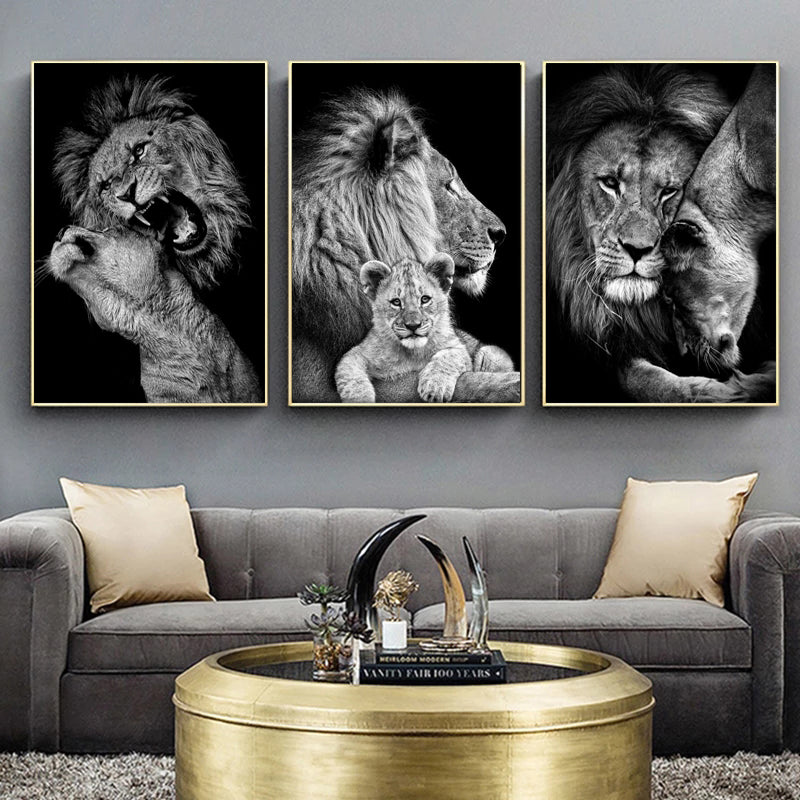 Affiche de la famille Lion noir et blanc