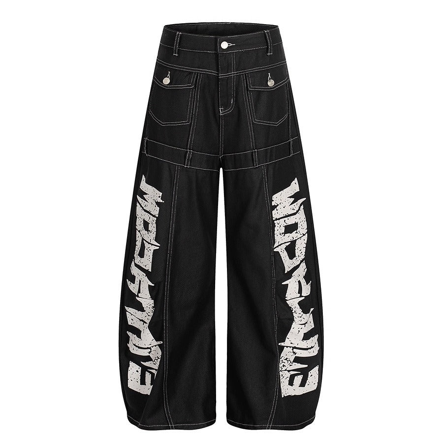 Pantalon noir à large jambe de style américain avec une grande impression de lettre
