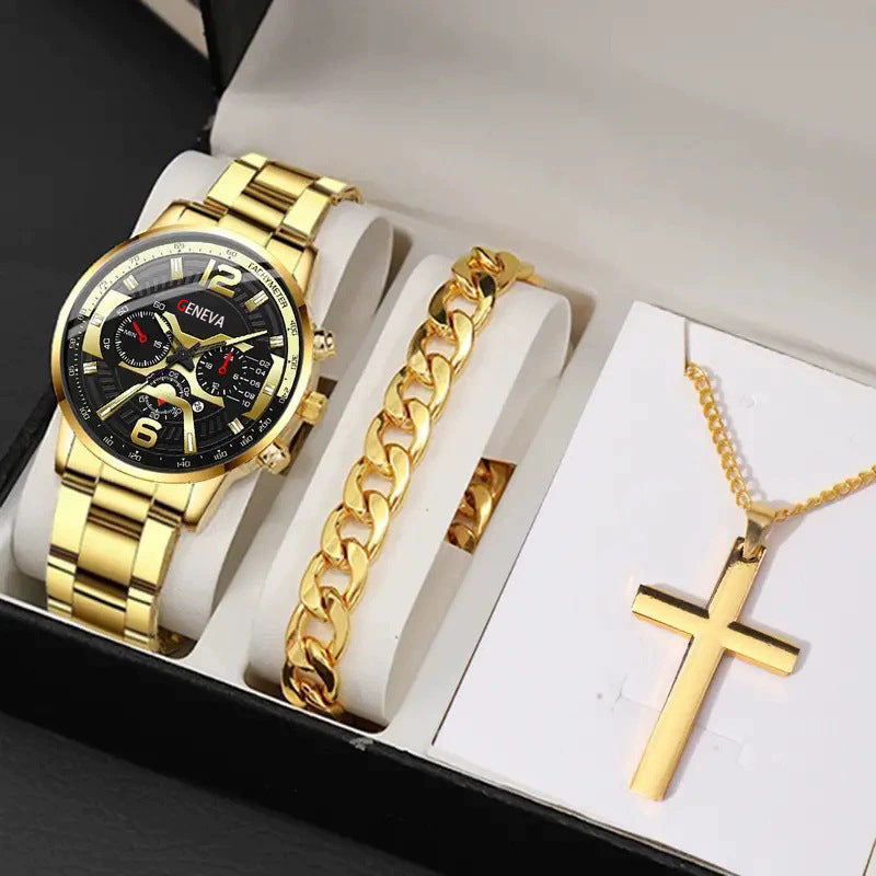 Men's Bracelet Cross Necklace and Watch Set