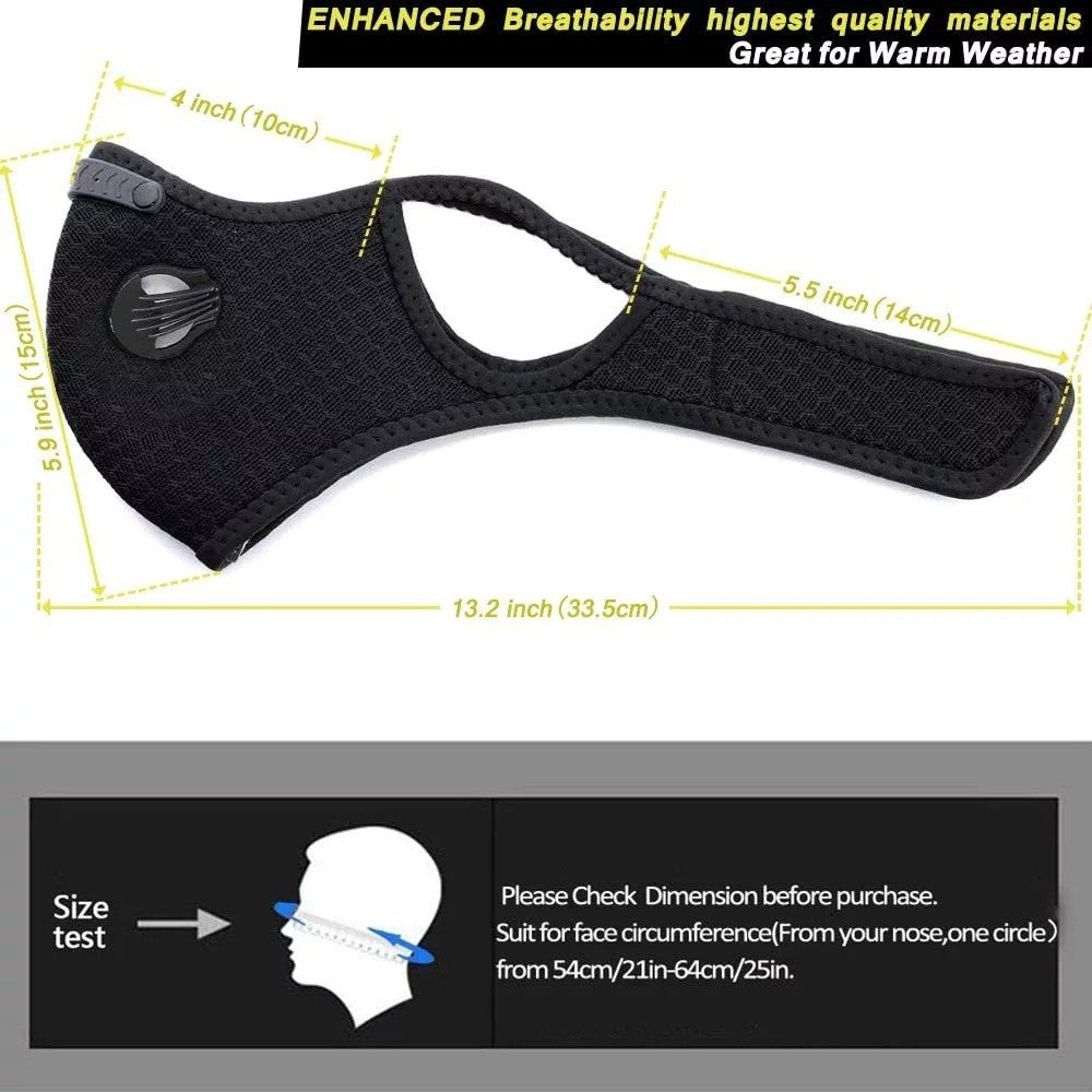 Masque de visage Sport Cycling avec valves de respiration au filtre au carbone actif