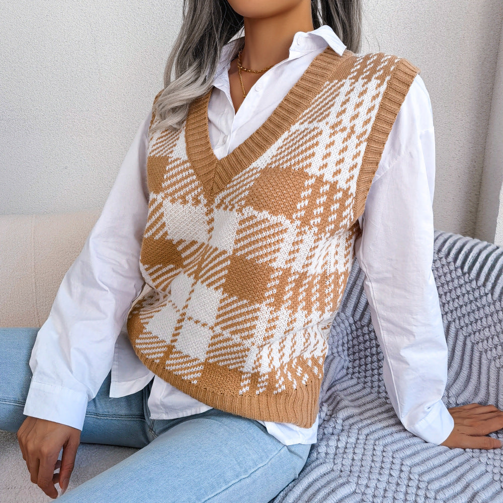 Bloqué de couleur Plaid Veste tricotée Pantoufle pour femmes