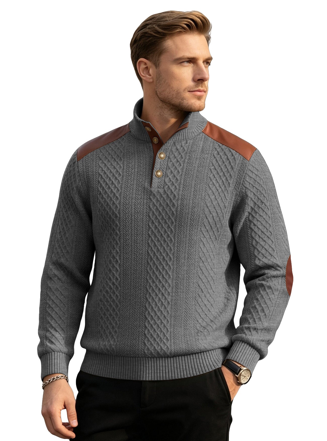 Texturé américain homme Jacquard Collared Knit Sweater avec épaule Patchwork Loose Long-
