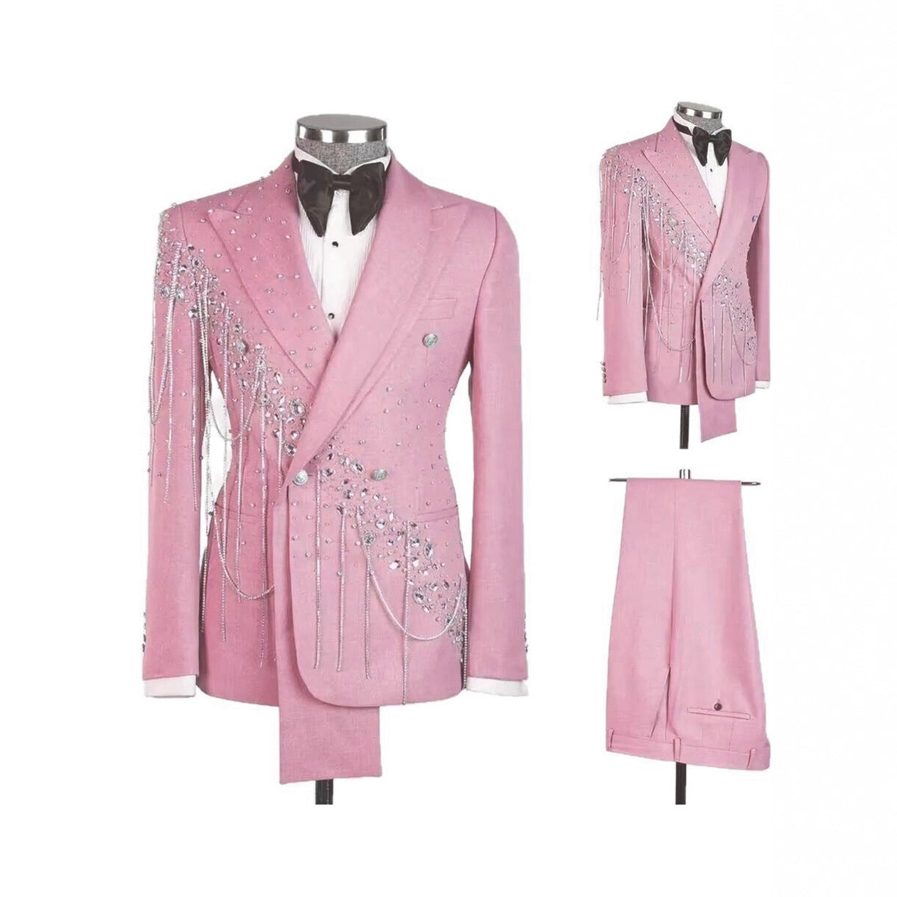 Peak Lapel Strass Tassel Embellished Double Breasted Tuxedo Ensemble à deux pièces