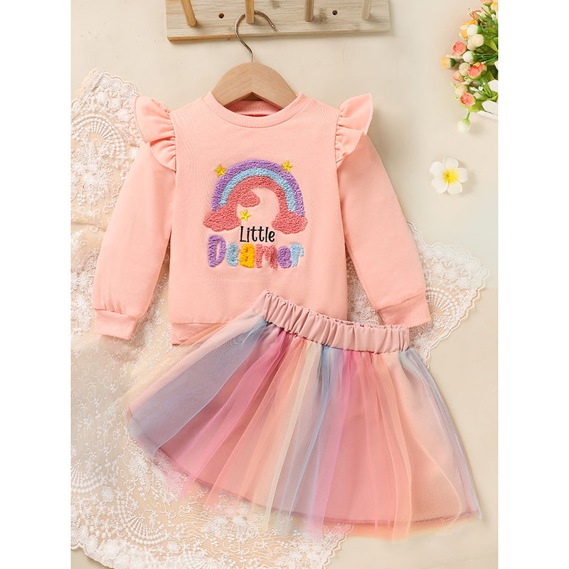 Bébé Filles Jeu de jupe arc-en-ciel Lettres Broderie Sweatshirt à manches longues Tops & Rainbow Tutu