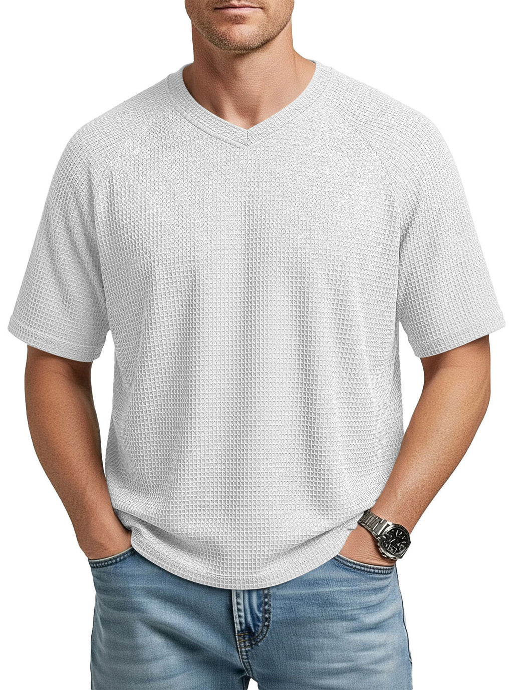 T-Shirt en tricot à manches courtes Raglan col V pour hommes