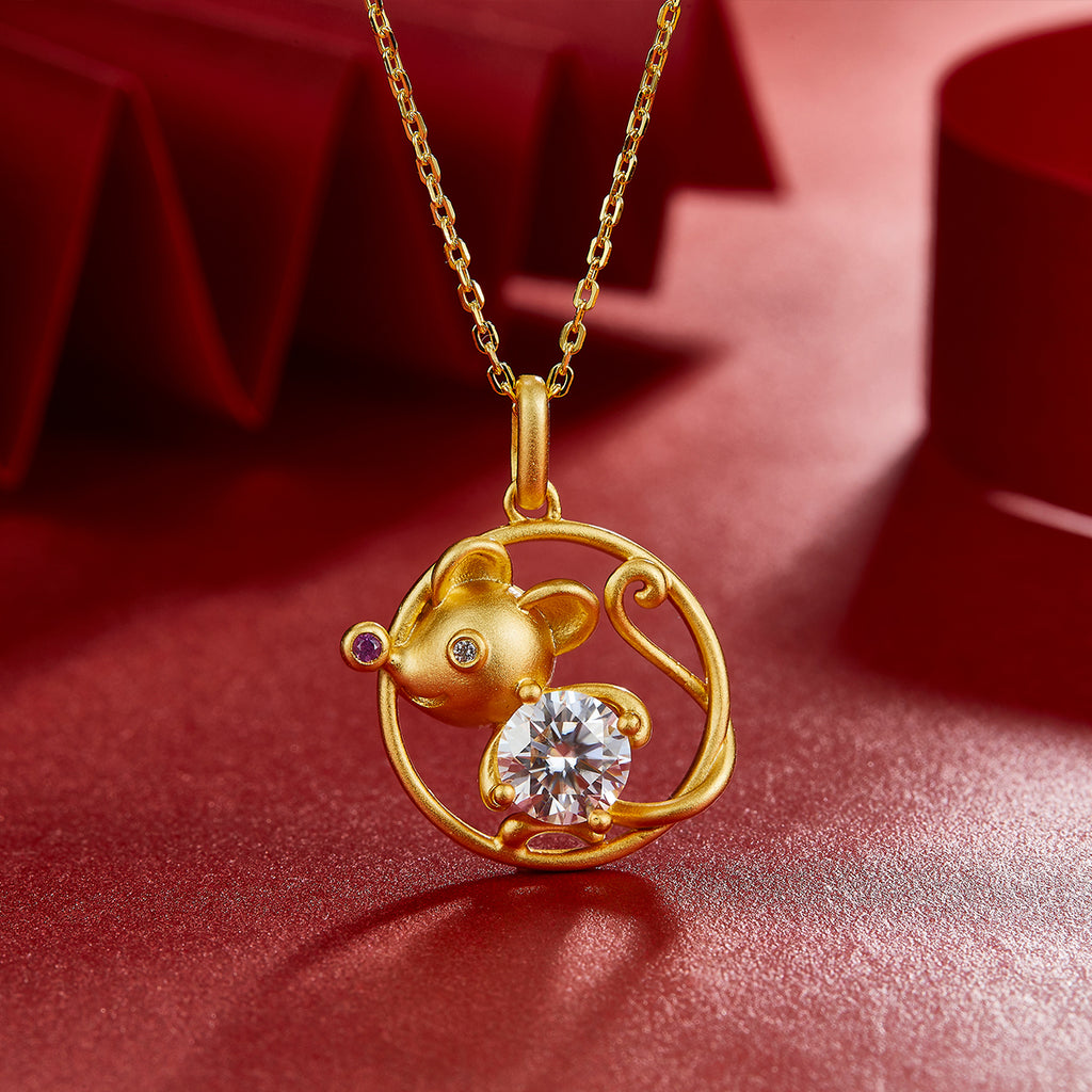 S925 Argent plaqué or 1ct D Couleur VVS1 Collier de rat de Moissanite 4,5g chinois zodiaque Benmi