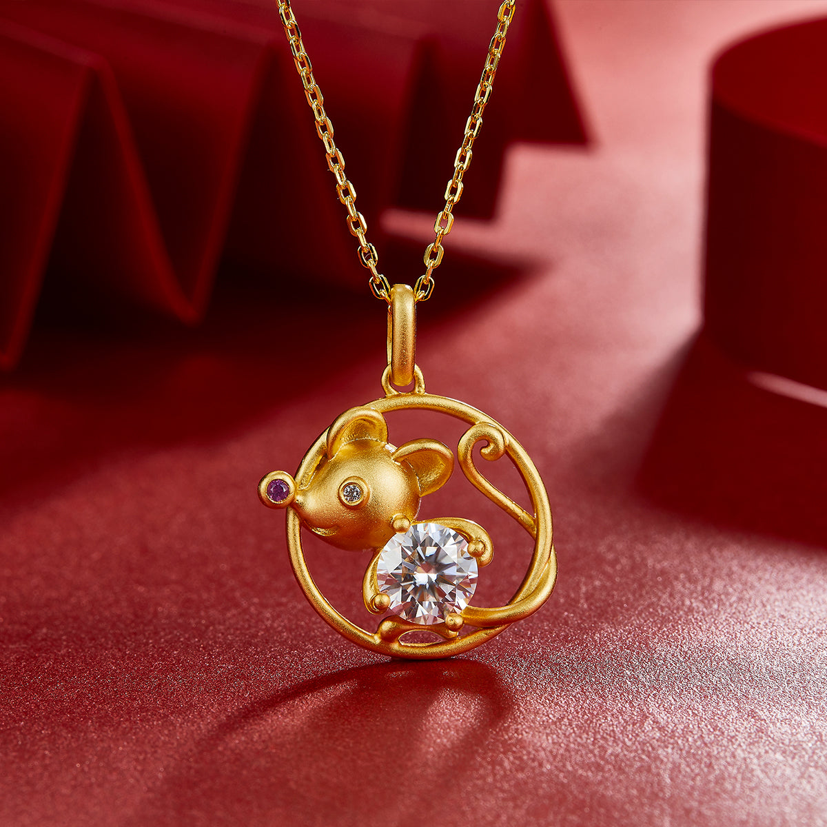 S925 Argent plaqué or 1ct D Couleur VVS1 Collier de rat de Moissanite 4,5g chinois zodiaque Benmi
