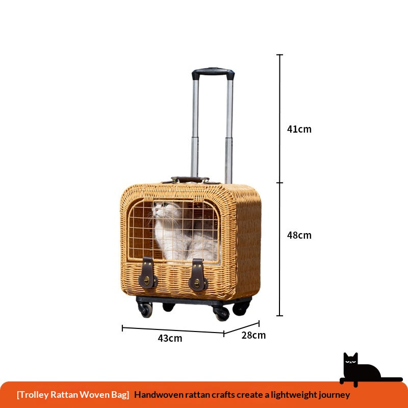 Portable porte-chat en rotin avec ventilation et poignée de traction pour les sorties