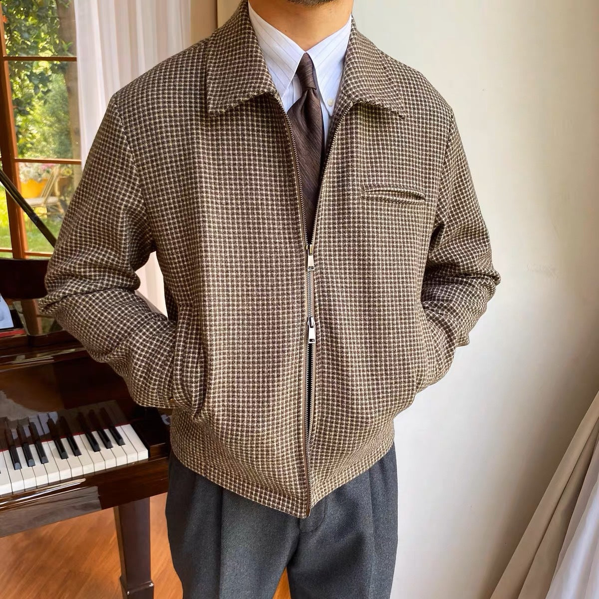 Retro Zipped Houndstooth Casual Coat Retro Lapel Casual Warm Jack à la main