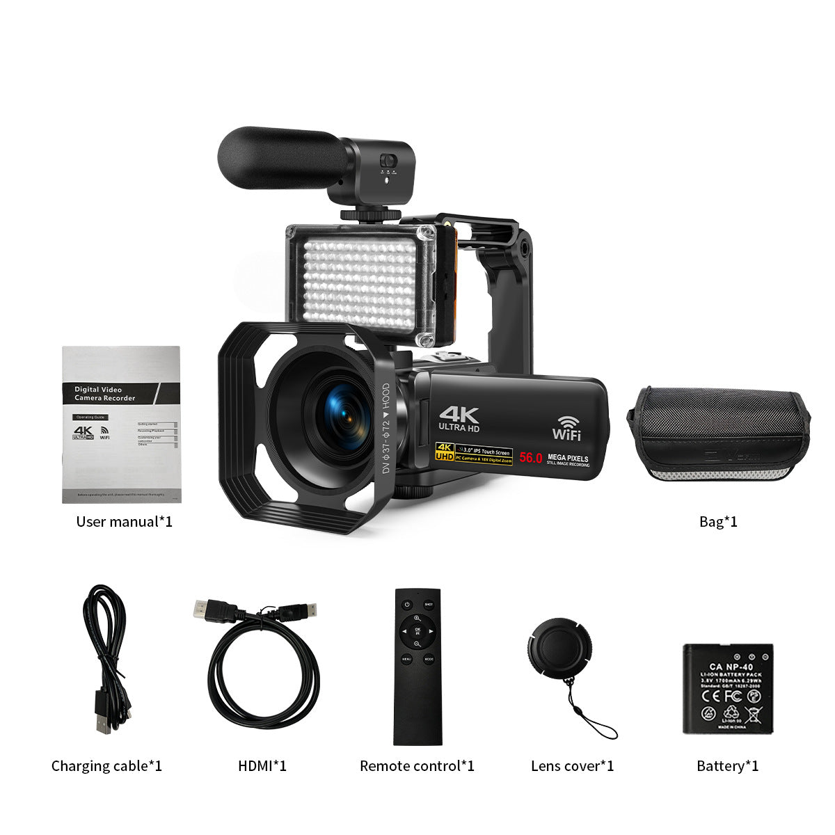 Caméscope numérique 4K avec un microphone coupe-vent et lumière de remplissage
