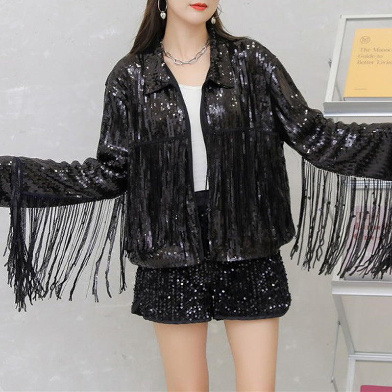 Long cardigan européen et américain avec paillettes et tassels