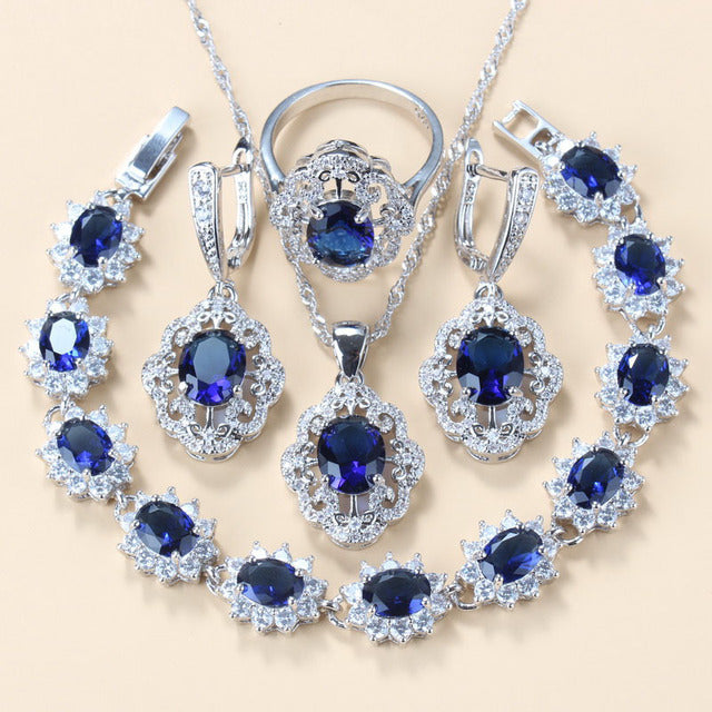 Garnet Cubic Zirconia Boucles d'oreilles Collier pendentif Bracelet Bague Cadeau 4 PCs Set