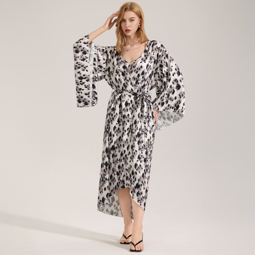 Leopard-Print Satin Mousseline Longues Femmes Robe de salon Ensemble