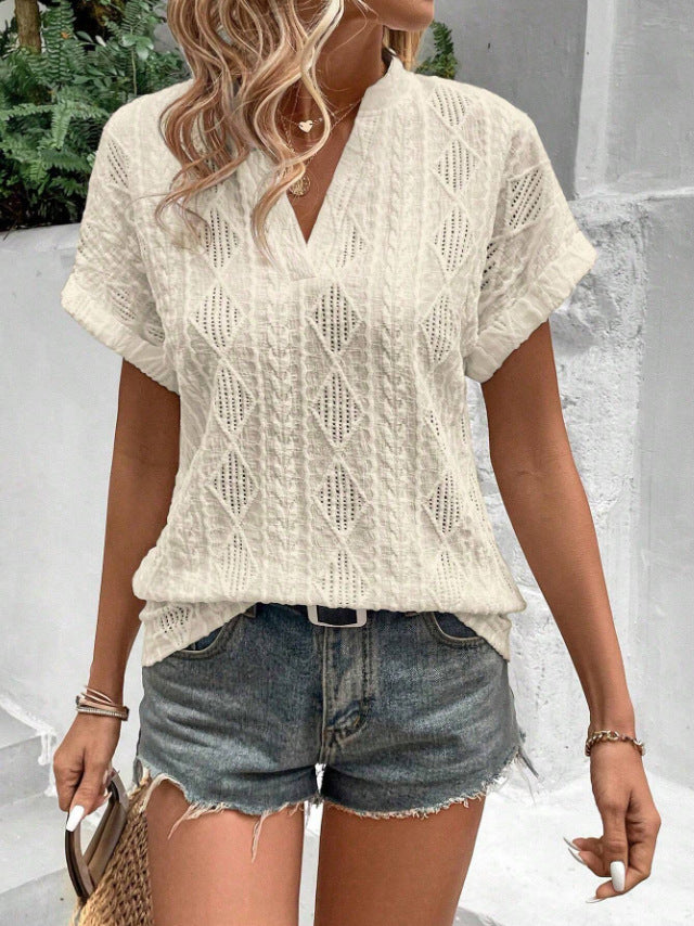 European and American Summer Casual Hollow Jacquard V-Neck Loose Shirt à manches courtes pour W