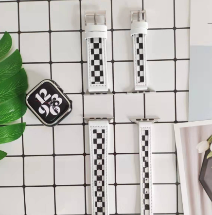 Iwatch7 654321 Black and White Checker Toile Bracelet en cuir