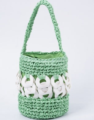 Crochet de main de monnaie de cuivre bouton sac seau Straw Woven Purse