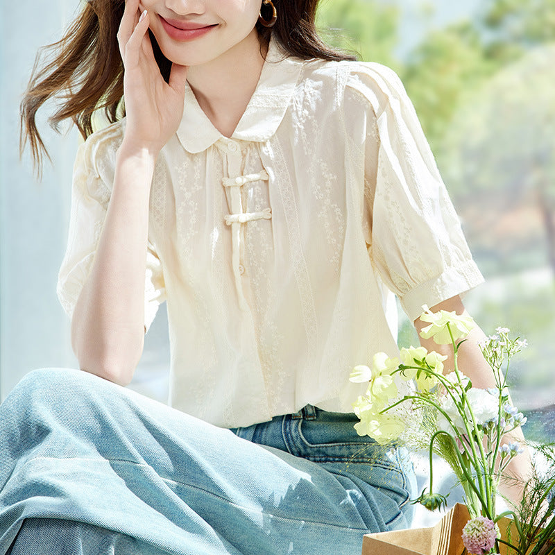 Embroidered Apricot Short Sleeve Shirt with Knots and Buttons
