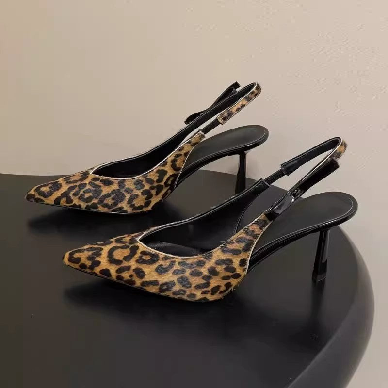 Leopard français imprimé pointu orteil sans dos Sandales pour femmes Stiletto d'été talons hauts Sexe