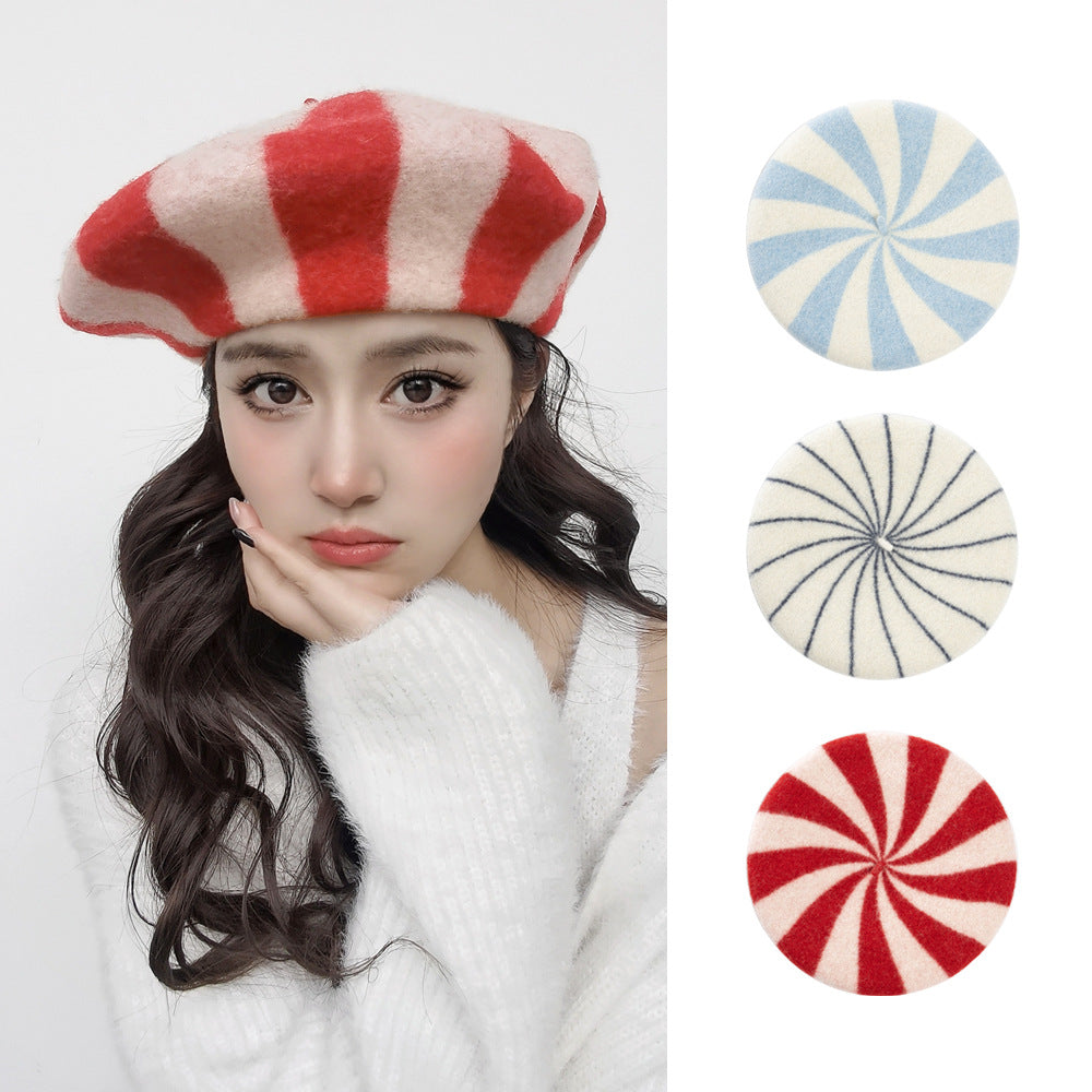 Beret de laine à rayures mode, couleur candy