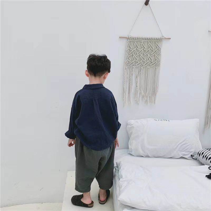 Chemise pour enfants Style japonais Retro Batwing Manche Lapel Lin de coton