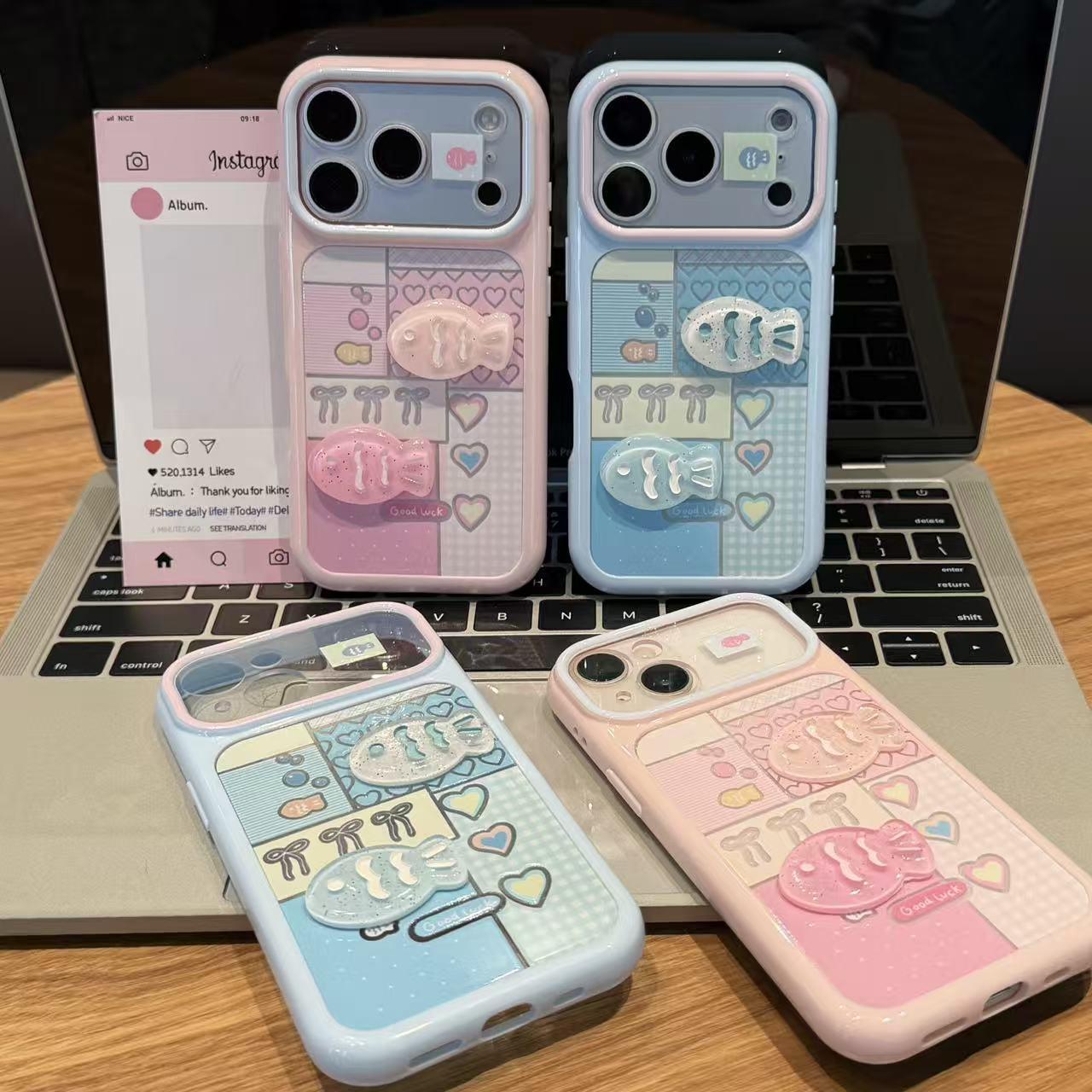 Coeur Plaid en bloc de couleur et cas de téléphone de poisson 3D