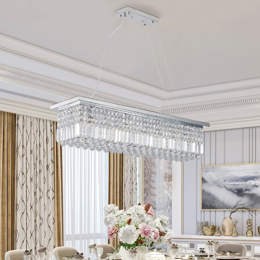 Lustre en cristal moderne pour salle à manger Rectangle blanc 8 lumières Raindrop Lustre Cont