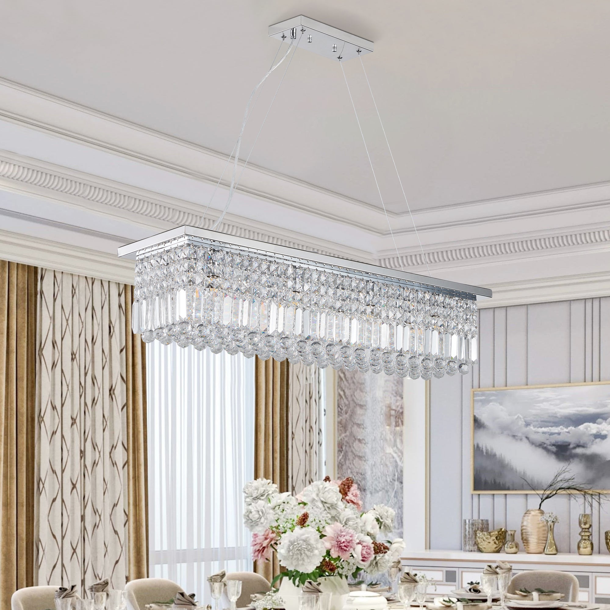 Lustre en cristal moderne pour salle à manger Rectangle blanc 8 lumières Raindrop Lustre Cont
