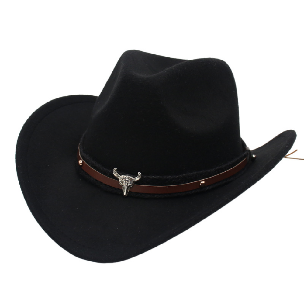 Chapeau américain rétro Western Cowboy - Silver Bull Head Large Brim Felt Chapeau tricoté