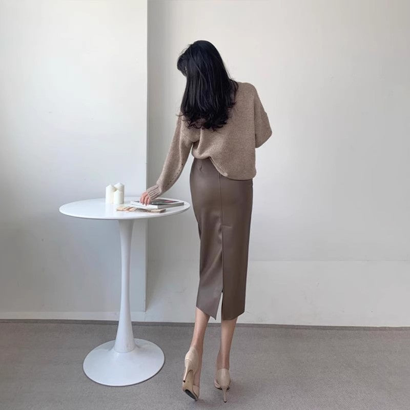 Haute taille droit dos Slit jupe Midi Drape Une-step Hip Jupe