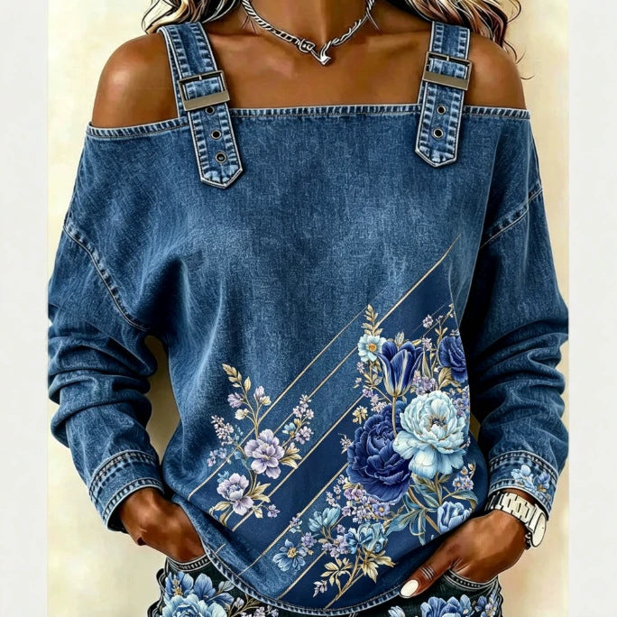 Véritable Denim Imprimé Direct Femme Denim Top avec les paillettes