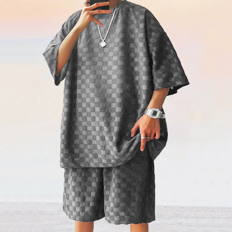 Jacquard Plaid Loose Straight Casual Short Suit