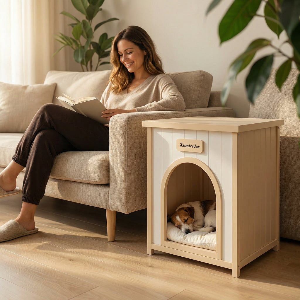 Maison de chien en bois moderne avec coussin amovible – Cèdre solide Pet House pour petit faire