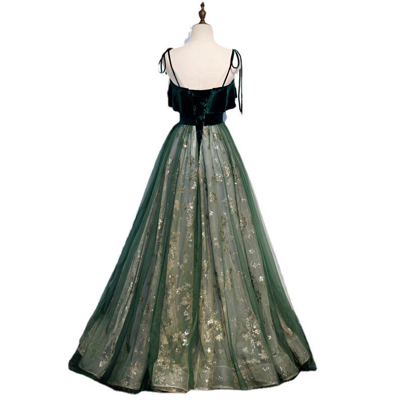 Banquet Sling Tempérament Robe longue Vert foncé Fantasy Mori