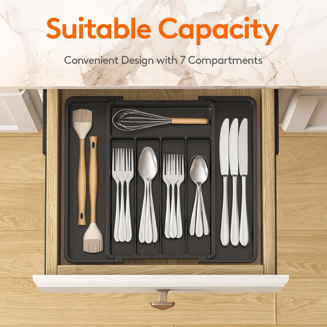 Argenterie extensible Organisateur Plateau d'Utensile en plastique pour tiroir de cuisine BPA Flatware gratuit