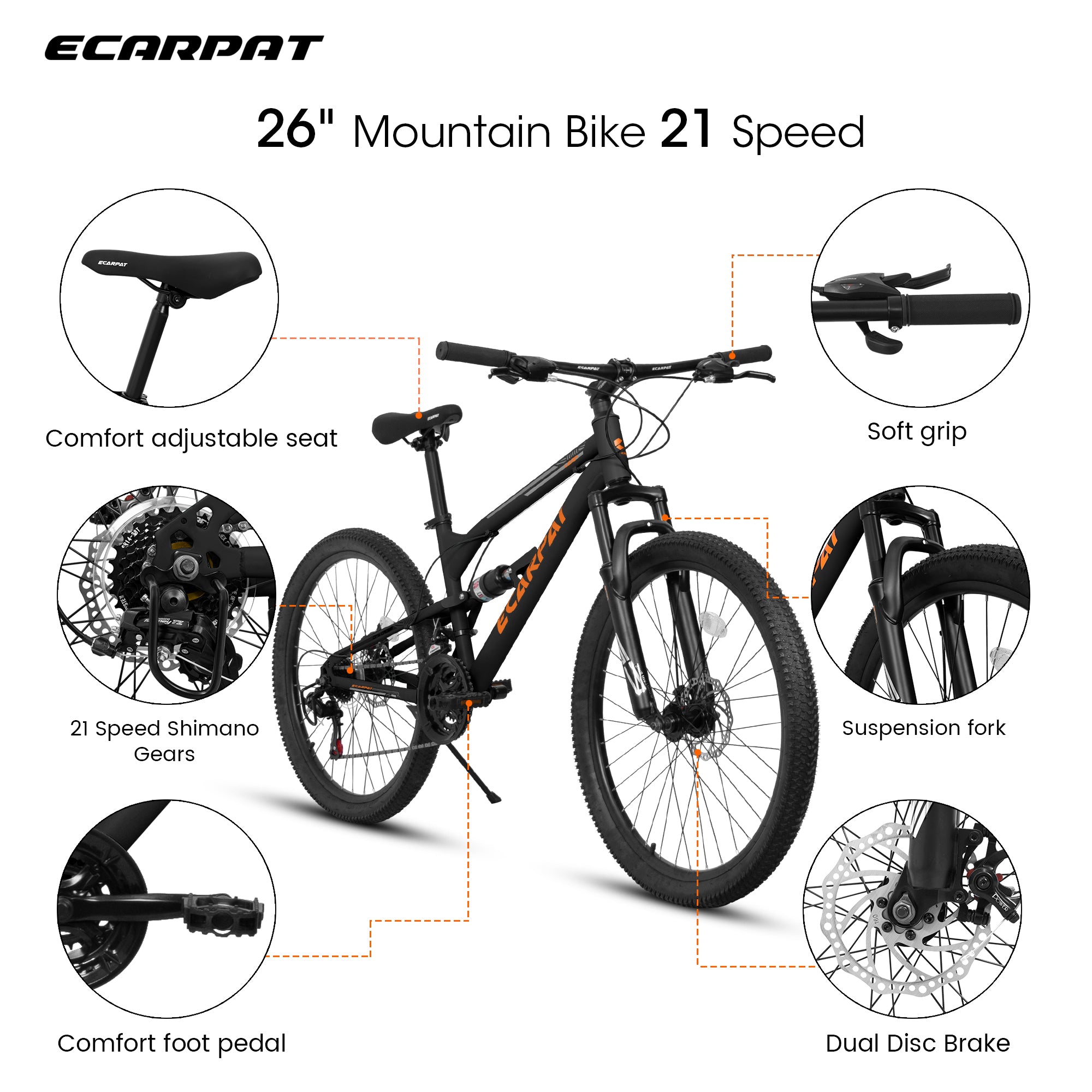 A26207 26 pouces Cadre en acier Shock Fork Plus Shock Absorber 21 vitesses Unisex Mountain Bike