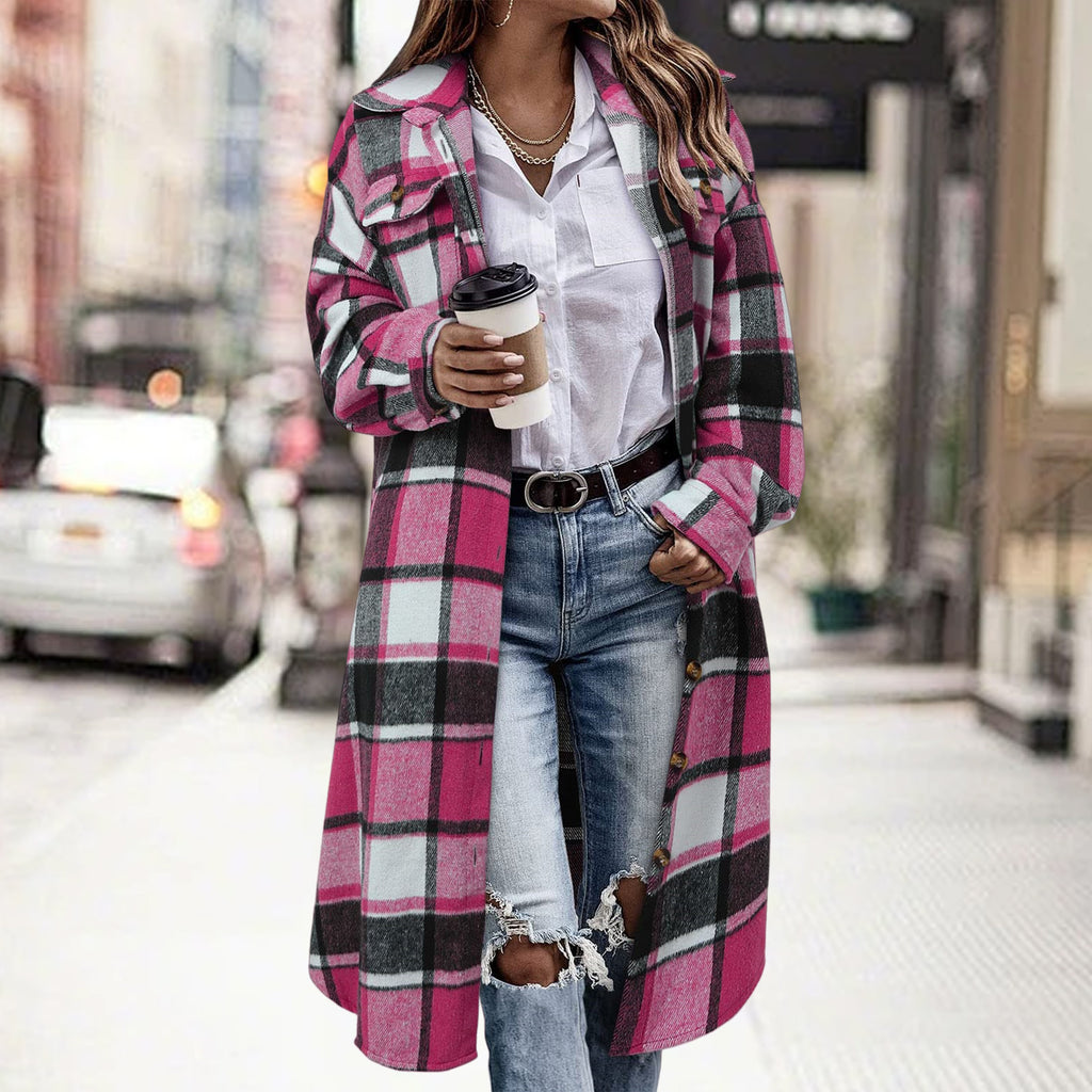 AutomneHiver Lapel Drop-Shoulder Casual Plaid Shirt avec poches de patch