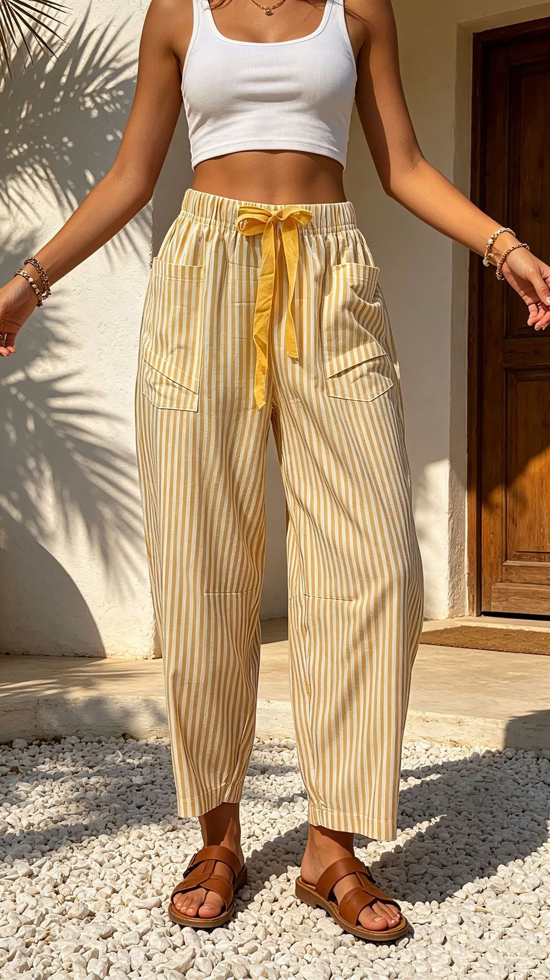 Pantalon pour femmes à poil élastique à imprimé rayé occasionnel