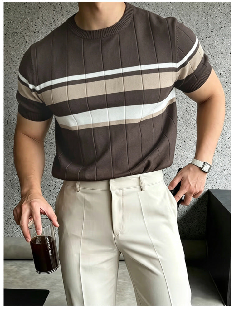 Couleur-Block rayés hommes tricoté manches courtes supérieur casual